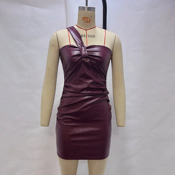 MQTIME  -  Clubwear Sexy Pu Leather Bodycon Dress Slim Slash Neck Sleeveless Mini Dresses For Women 2025 Summer Fashion Party Robes